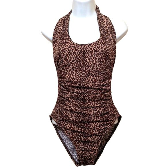 MIRACLE SUIT Women Swimsuit One piece Leopard High Leg Halter Underwire Sz 10 - Picture 1 of 7